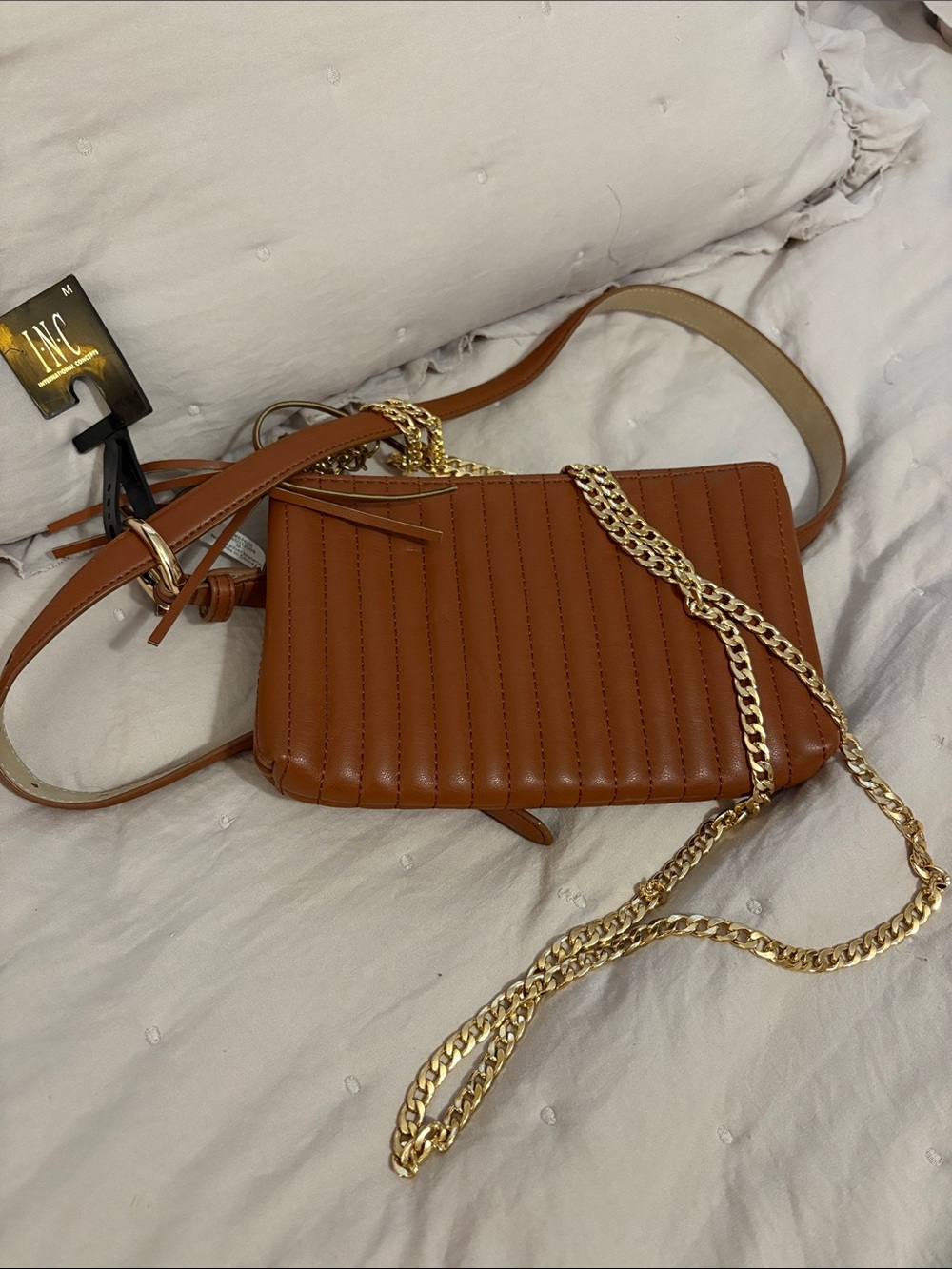 Quilted Crossbody Shoulder Bag in Cognac Brown 41” Belt Optional
